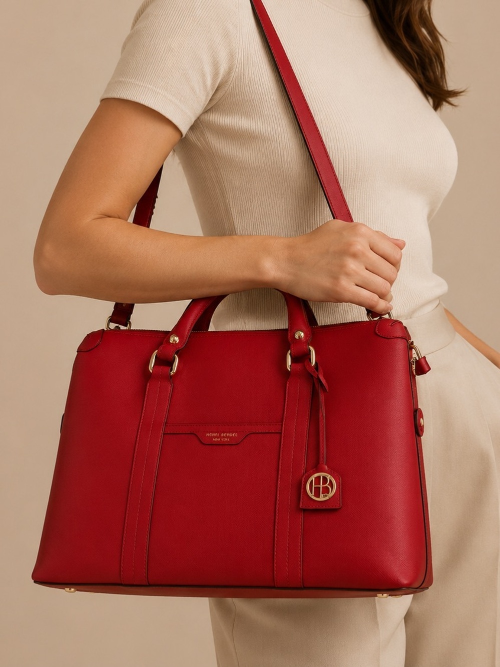 Henri Bendel New York Large Red Saffiano Laptop Tote Bag